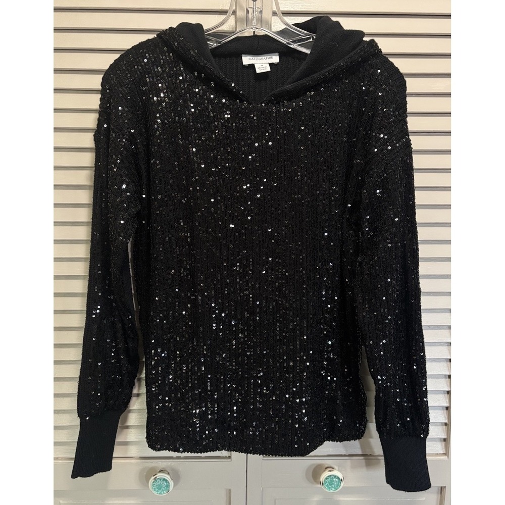 Calligraphie Sequin Knit Sweater Long Sleeve Hood Size M‎ Lined